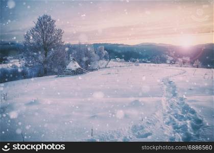 Winter mountain snowy rural sunrise vintage landscape