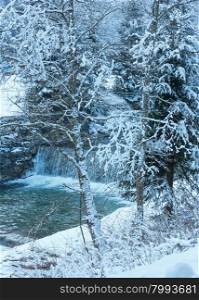 Winter mountain stream view and snowy trees (Austria).