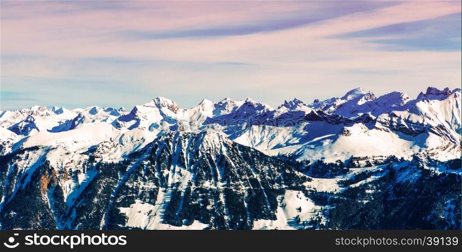 Winter mountains landscape. Sunrise landscape of winter landscape and mountains
