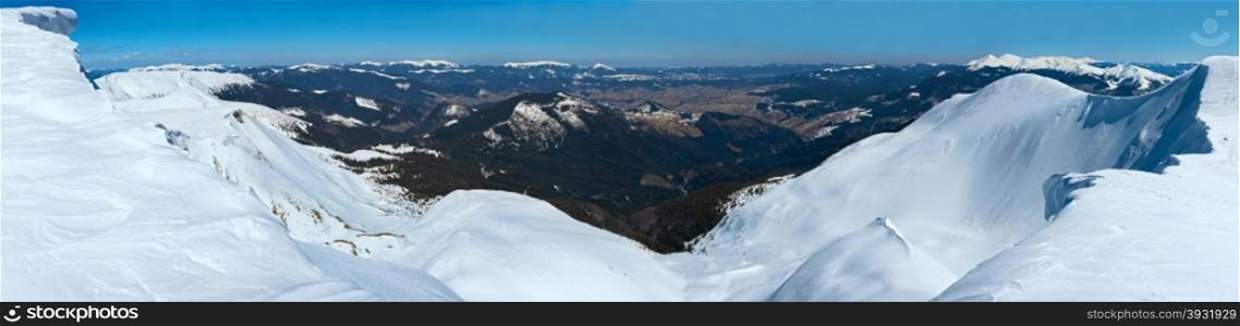 Winter mountains ridge with overhang snow caps (Ukraine, Carpathian, Svydovets Range, Blyznycja Moun).
