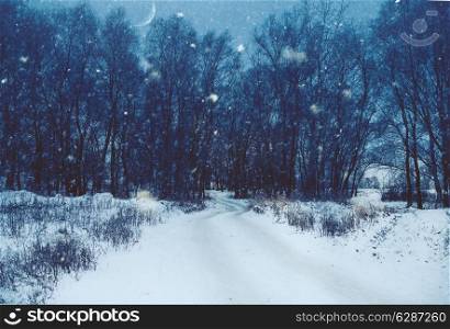 Winter natural landscape with lane through the dark misty forest
