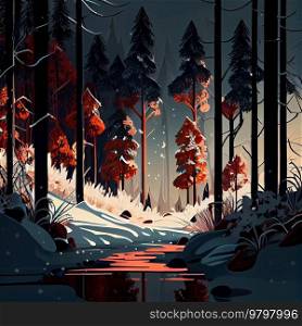 Winter Natural Pine Forest with Snow. Illustration. 