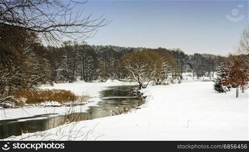 Winter nature. Forest River with the white snow-covered banks.