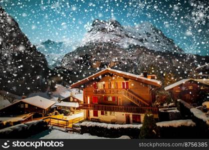 winter night Grindelwald snowy mountain, stars and wooden house