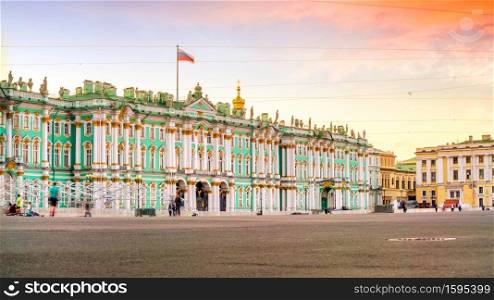 Winter Palace square in Saint Petersburg, Russia at sunset