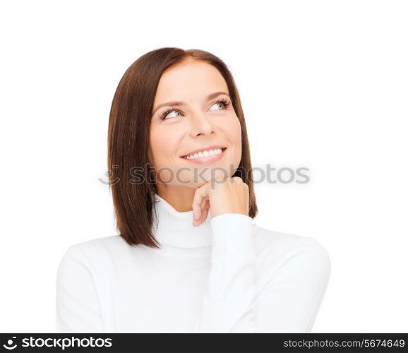 winter, people, happiness concept - thinking and smiling woman in white sweater