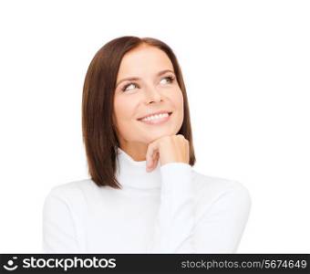 winter, people, happiness concept - thinking and smiling woman in white sweater