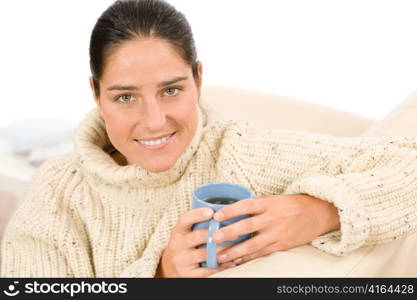 Winter portrait happy woman with coffee cup wear pullover