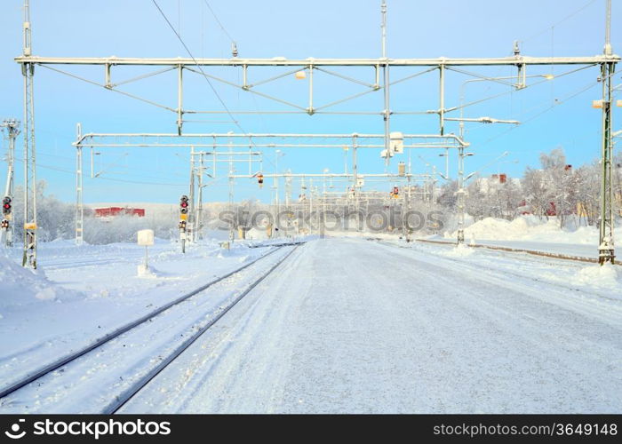 Winter Railroad platform in Kiruna Lapland train station sweden