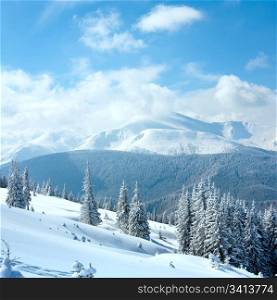 Winter rime and snow covered landscape with Goverla Mount view (Carpathian Mountains, Ukraine). Two shots stitch image.