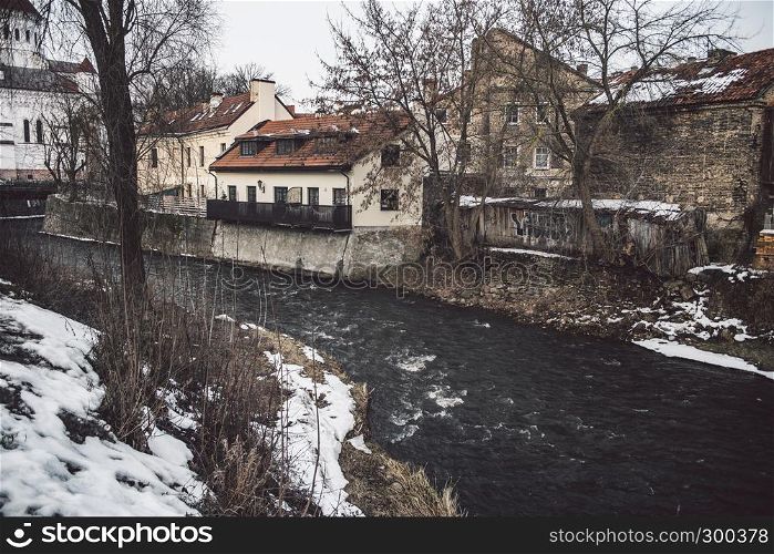Winter river at Uzupis district in Vilnius, Lithuania