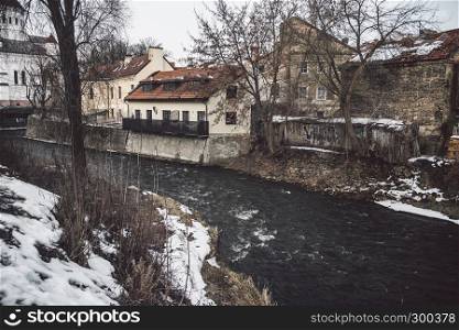 Winter river at Uzupis district in Vilnius, Lithuania