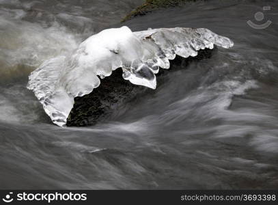 Winter river. Ice at water stream
