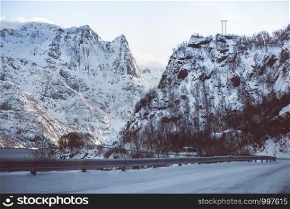winter road at the norwegian mountains. Lofoten Islands. Norway.