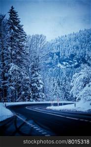 winter road in snow. mountain road with snow