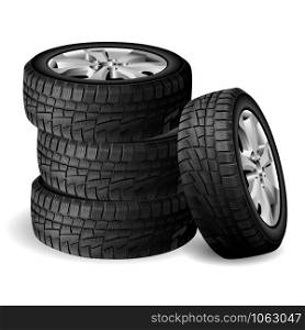 Winter rubber stack. Tyre repair shop. Auto wheel vector illustration. Realistic Automobile tire 3d render with rim. Cold snow worn and protect. New quality tyres side view for truck or suv. Winter rubber stack. Tyre repair shop. Auto wheel