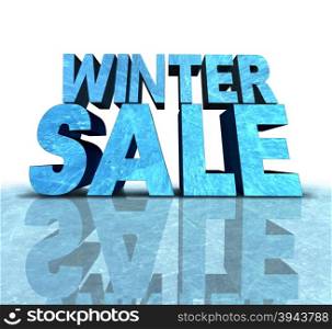 Winter sale sign made with a chunk of frozen ice as a seasonal promotion and new year advertisement for cold weather retail discounts.