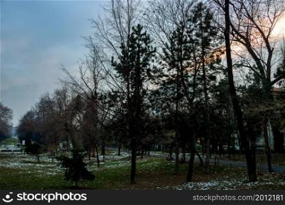 Winter scene in Cismigiu park Bucharest. Cismigiu Gardens located in downtown Bucharest, Romania