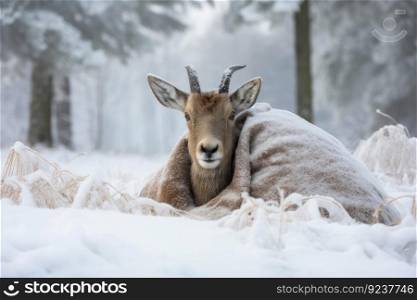 winter scene with ibex wrapped in thick fur and huddled against the cold, created with generative ai. winter scene with ibex wrapped in thick fur and huddled against the cold