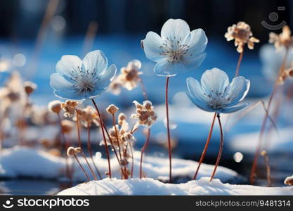 Winter scenery with frosty ice flowers, snow, and crystals. Generative AI