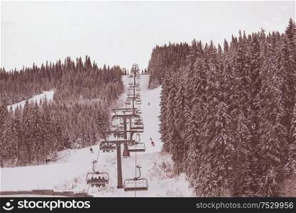 Winter season on ski resort