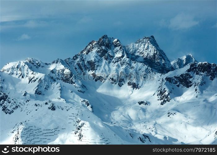 Winter Silvretta Alps landscape. Ski resort Silvrettaseilbahn AG Ischgl, Tyrol, Austria.