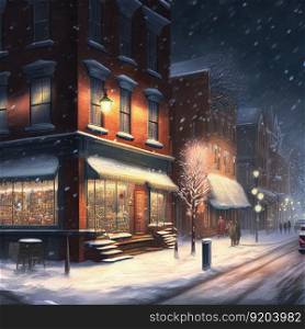 Winter small old town night landscape. Snowy cozy street with lights in houses, falling snow, people walking. Christmas holidays advent time backdrop. Generative AI. Not based on any actual scene. Winter small town night landscape with falling snow. Generative AI. Not based on any actual scene
