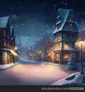 Winter small old town night landscape. Snowy cozy street with lights in houses, falling snow. Holidays advent time backdrop. Merry Christmas retro painting background. Copy space. 3D illustration. Winter small town night landscape with falling snow. 3D illustration