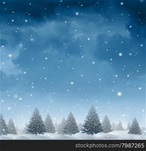 Winter snow background concept with a cold blue forest of pine trees on a snowing holiday night sky as a design element with copy space for the Christmas season and festive celebration of for the time of giving.