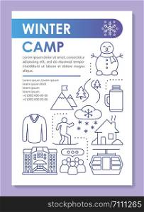 Winter, snow camp, holiday resort brochure template layout. Flyer, booklet, leaflet print design with linear illustrations. Vector page layouts for magazines, annual reports, advertising posters