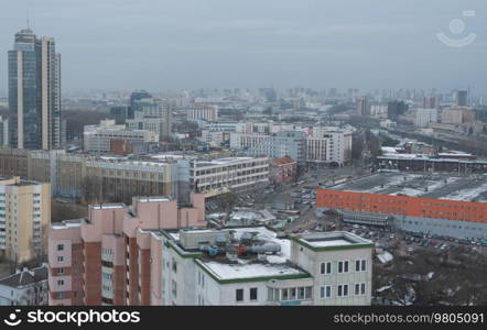 Winter snow fell in the city of Minsk. Photo from above