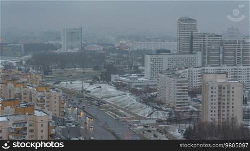 Winter snow fell in the city of Minsk. Photo from above