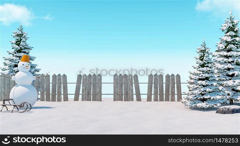 Winter Snow Field with Snowman, Sleigh, Wooden Fence and Frozen Pine Tree, 3D Rendering