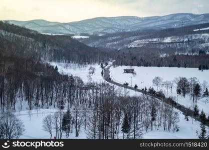 Winter snow mountain forest with road landscape.