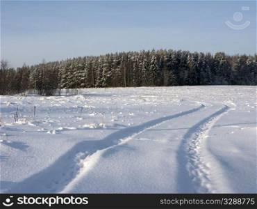 Winter snow rut in the field at forest edge, Russia