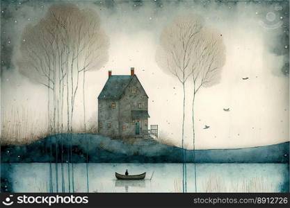 Winter snowy watercolor landscape.House in the trees.Small building in forest..Falling snowflakes.Minimalism created by generative AI