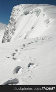 Winter steep crag and human footprint on snow follow to the precipice (Ukraine, Carpathian Mt&rsquo;s, Svydovets Ridge, Blyznycja Mount)