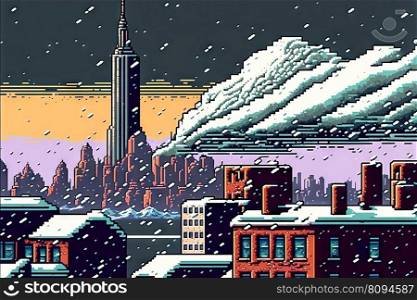 Winter street view during snowfall blizzard cyclone , 8 bit style, clear style, created with generative ai. Winter street view during snowfall blizzard cyclone , 8 bit style, clear style