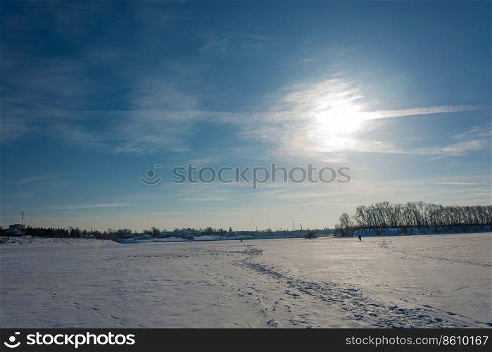 Winter sun over the Volga River near the town of Uglich, Russia. 