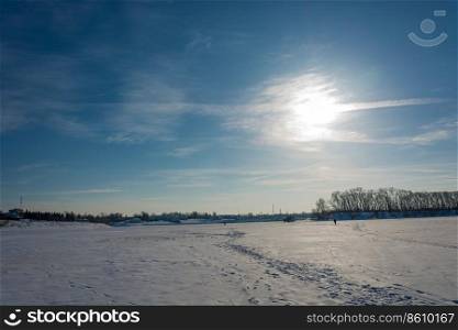 Winter sun over the Volga River near the town of Uglich, Russia. 