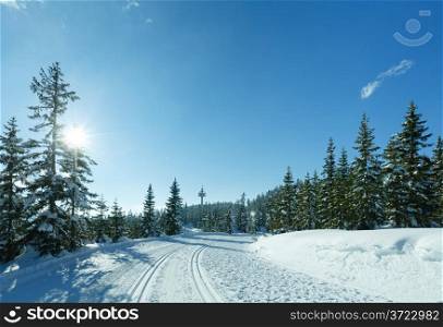 Winter sunny mountain landscape with ski run (top of Papageno bahn - Filzmoos, Austria)