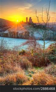 Winter sunrise over Corfe Castle.