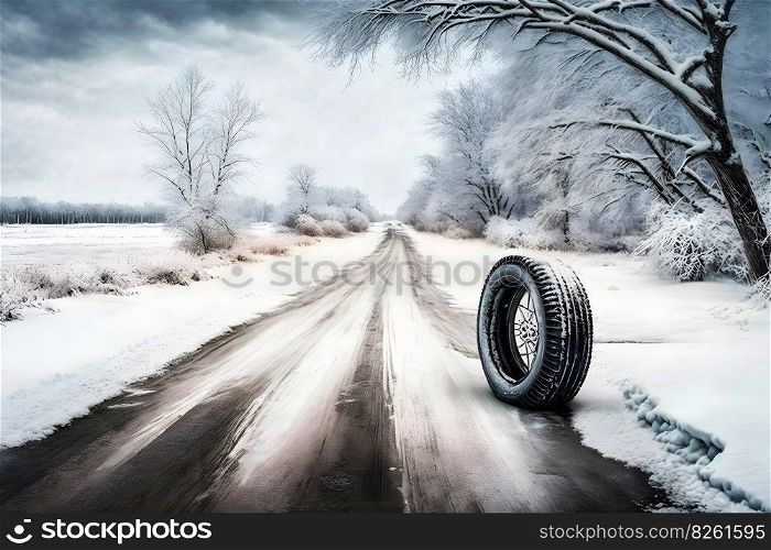 Winter tire on ice. Neural network AI generated art. Winter tire on ice. Neural network AI generated
