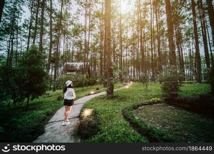 Winter travel relax vacation,Portrait Asian female tourist in white dress with hat stands in pinewood cabin in pine forest green on nature trail at Doi Bo Luang Forest Park,Chiang Mai, Thailand