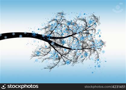 winter tree with snowflakes isolated on blue background