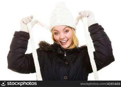 Winter vacation. Cheerful girl in warm clothes.