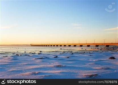 Winter view at the Oland Bridge - connecting the swedish island Oland in the Baltic Sea with mainland Sweden