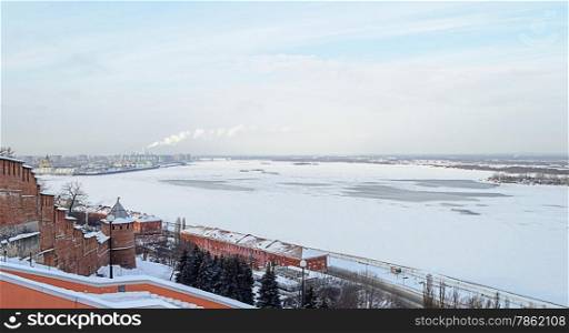 Winter view of frozen Volga river in Nizhny Novgorod, Russia