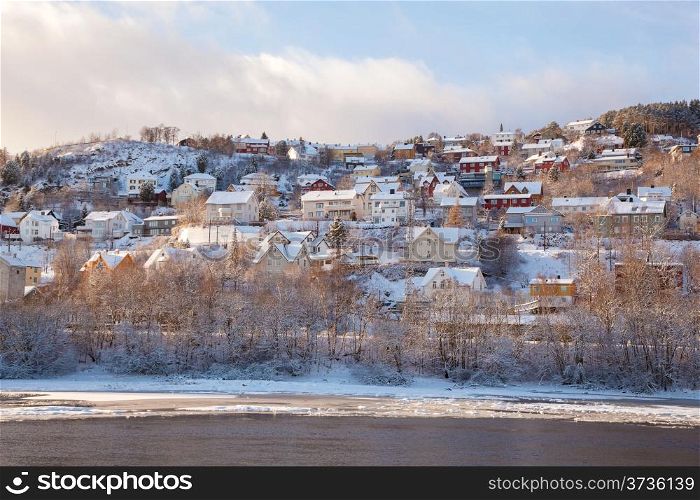 Winter view of houses in Trondheim city Norway
