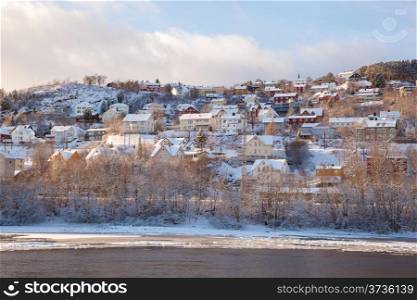 Winter view of houses in Trondheim city Norway